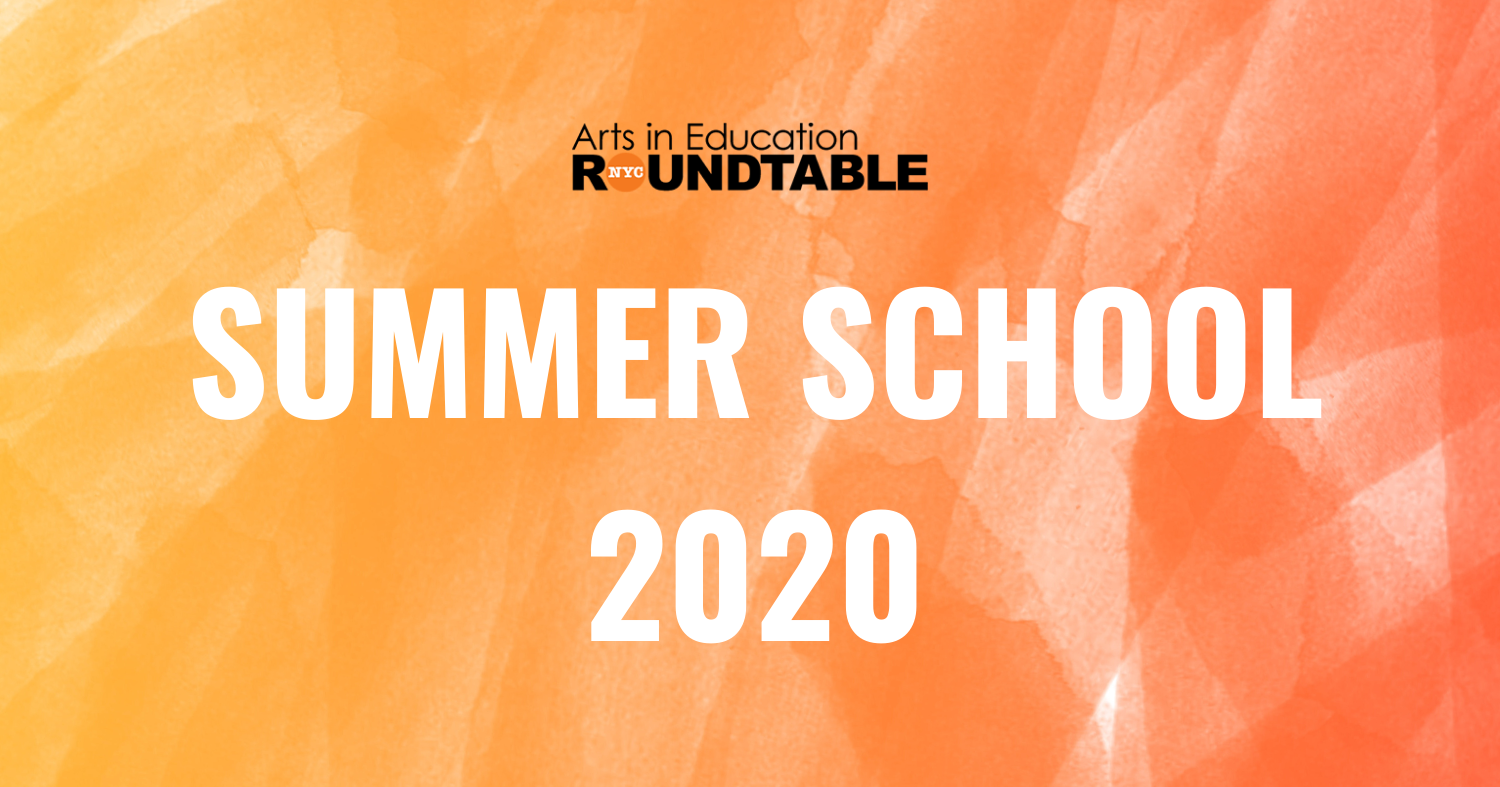 Text: Summer School 2020. Pictured: NYCAIER logo is pictured at the top of the page above the text written in a bold white font. The image background fades from a dusty light goldenrod to a darker orange. 